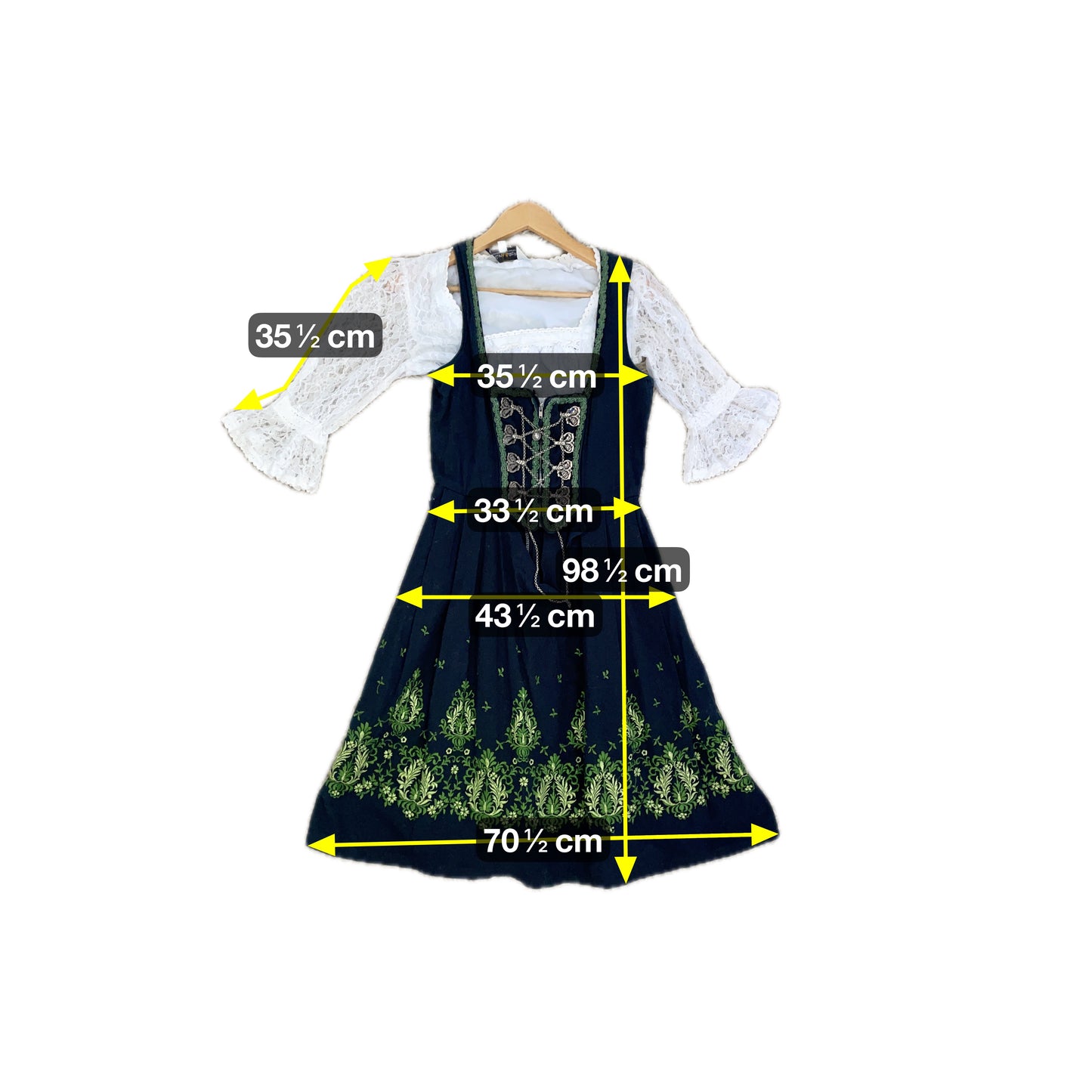 Almsach Damen Dirndl mit Bluse – Größe 36 – Dunkelblau mit grüner Stickerei