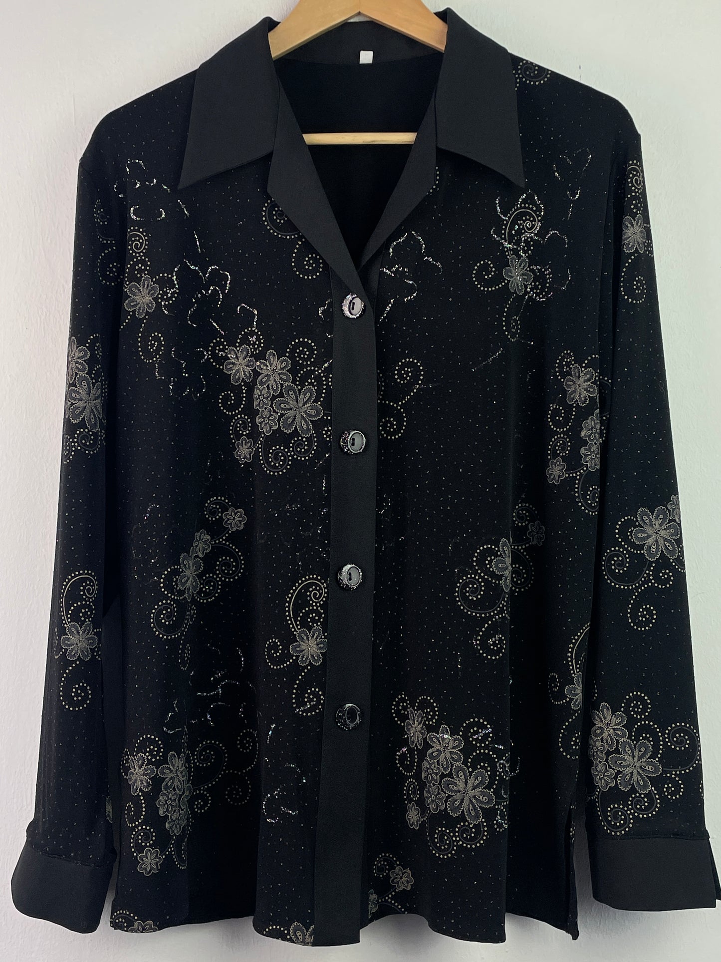 Vintage Damen Bluse mit Blumenmuster Gr L Farbe schwarz