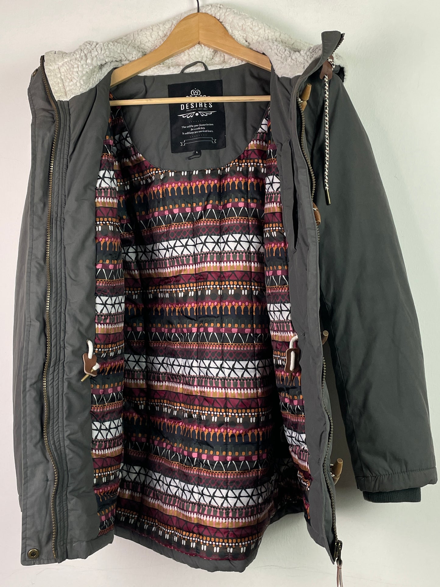 Desires Damen Winter Jacke mit Faux Fell Kaputze Gr L Farbe grau