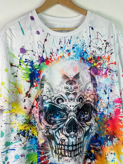 Vintage Herren T-Shirt mit Totenkopf Print Gr XXL Farbe weiss bunt