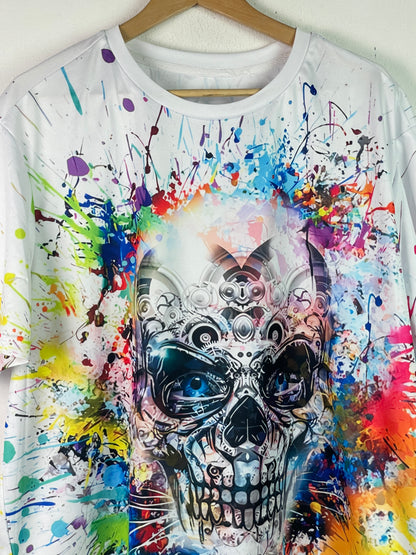 Vintage Herren T-Shirt mit Totenkopf Print Gr XXL Farbe weiss bunt