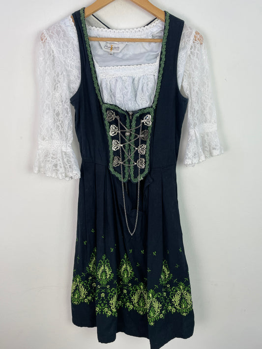 Almsach Damen Dirndl mit Bluse – Größe 36 – Dunkelblau mit grüner Stickerei