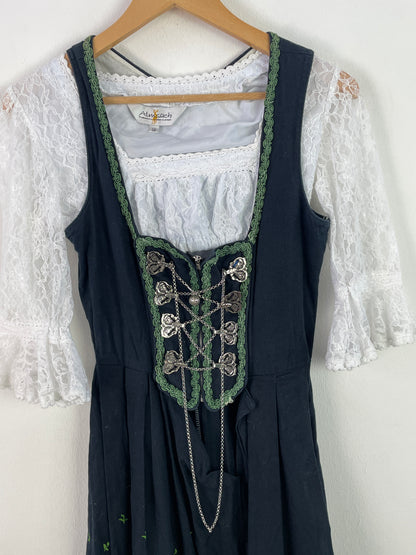 Almsach Damen Dirndl mit Bluse – Größe 36 – Dunkelblau mit grüner Stickerei