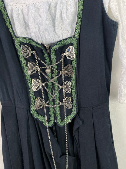 Almsach Damen Dirndl mit Bluse – Größe 36 – Dunkelblau mit grüner Stickerei