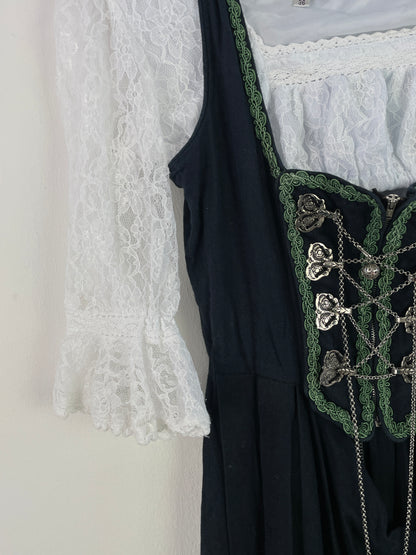 Almsach Damen Dirndl mit Bluse – Größe 36 – Dunkelblau mit grüner Stickerei