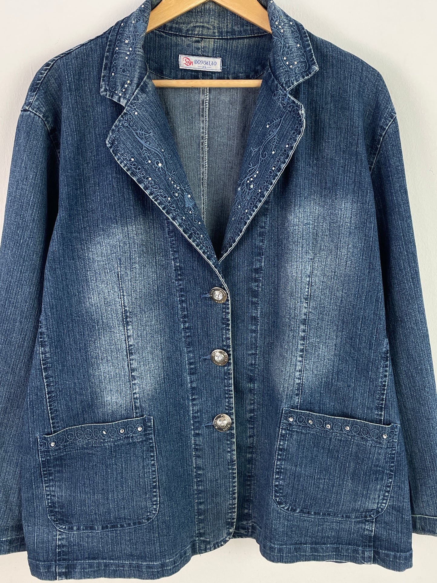 DomMiao Damen Jeansjacke XL Blau – Klassische Denim Jacke Vintage Style / DomMiao Women’s Denim Jacket XL Blue – Classic Jeans Jacket Vintage Style