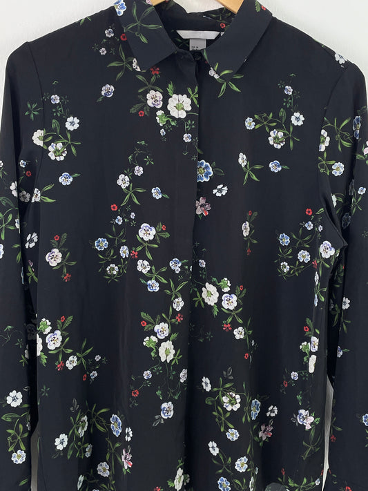 H&M Damen Bluse Gr. 38 Schwarz – Florale Langarmbluse Polyester / H&M Women’s Blouse Size 38 Black – Floral Long Sleeve Polyester Shirt