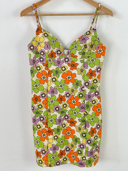 Geblümtes Damen Minikleid XS/S Bunt – Ärmelloses Sommerkleid Retro Style / Floral Women’s Mini Dress XS/S Colorful – Sleeveless Summer Retro Dress