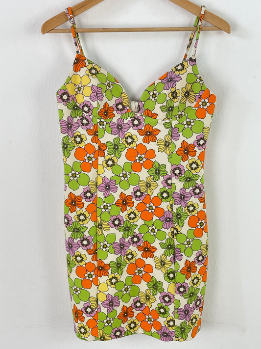 Geblümtes Damen Minikleid XS/S Bunt – Ärmelloses Sommerkleid Retro Style / Floral Women’s Mini Dress XS/S Colorful – Sleeveless Summer Retro Dress