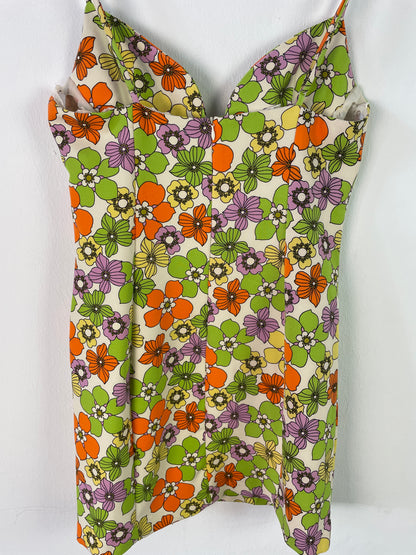 Geblümtes Damen Minikleid XS/S Bunt – Ärmelloses Sommerkleid Retro Style / Floral Women’s Mini Dress XS/S Colorful – Sleeveless Summer Retro Dress