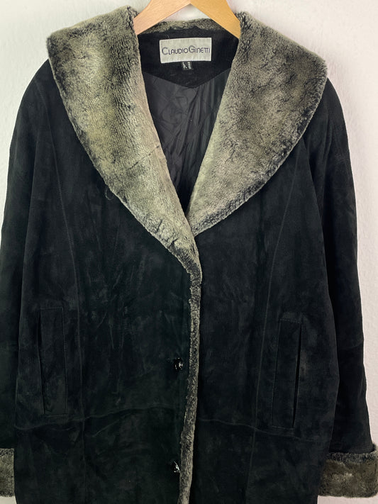 Claudio Ginetti Damen Mantel Gr. 48 Schwarz – Echtleder Fellimitat / Claudio Ginetti Women’s Coat Size 48 Black – Genuine Leather Faux Fur